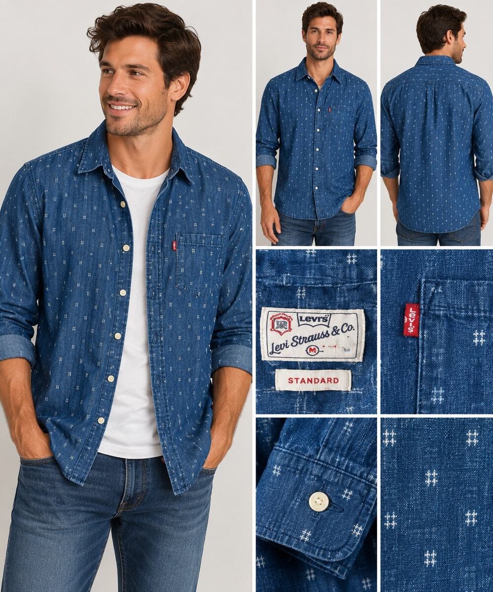 Levi’s Men’s Standard Fit Indigo Blue Dobby 100% Cotton Button Down Shirt
